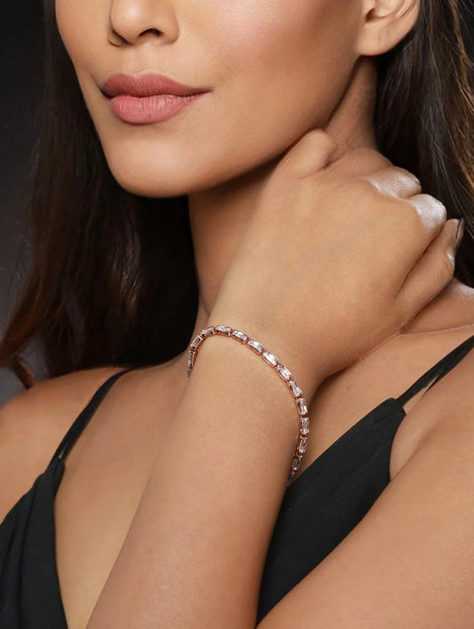 "Artificial Studded Brick American Diamond Rose Gold-Plated Bracelet for Women | Elegant Adjustable Jewelry"