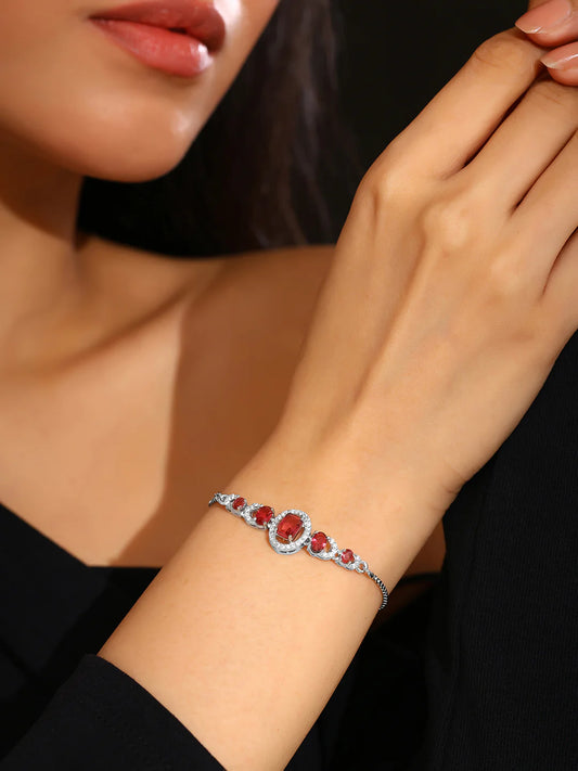 "Artificial Priyaasi Red Geometric Chain Bracelet for Women | Silver-Plated American Diamond Push-Back Elegant Jewelry"