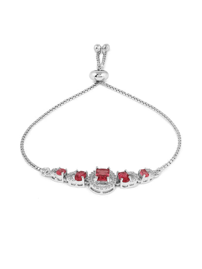 "Artificial Priyaasi Red Geometric Chain Bracelet for Women | Silver-Plated American Diamond Push-Back Elegant Jewelry"