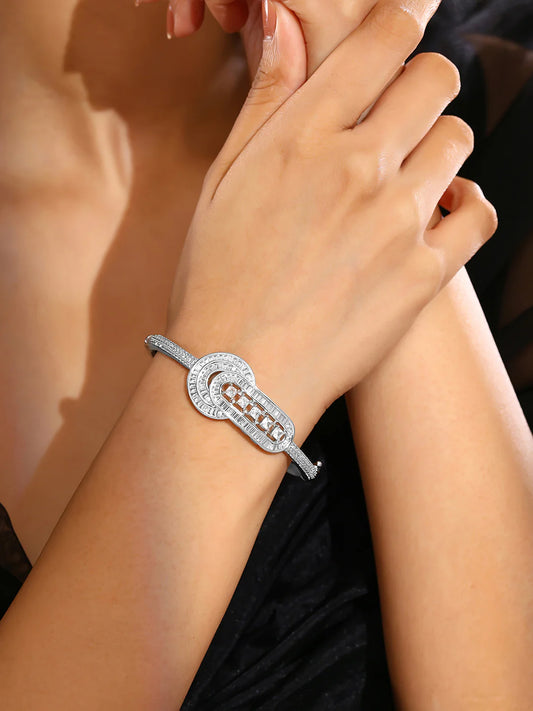 "Artificial Priyaasi Fancy Rhinestones AD Silver Plated Kada Style Bracelet for Women | Elegant Adjustable Jewelry"