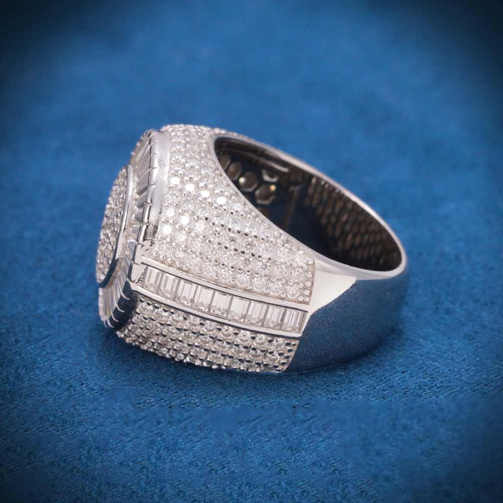 "Baguette Circle Signet Moissanite Ring – Iced Out VVS D-Color 925 Sterling Silver Round Statement Ring for Men & Women"