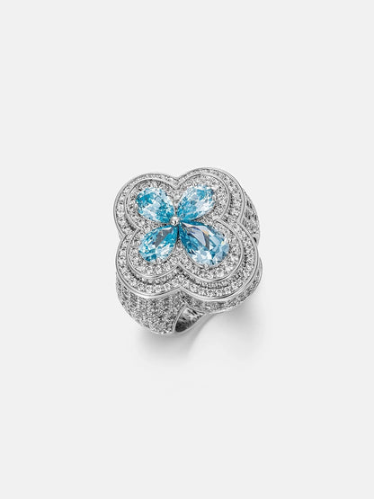 MW Gorgeous VVS Moissanite 925 Sterling Silver Blue Four Leaf Clover Ring Hip Hop MW_R1026