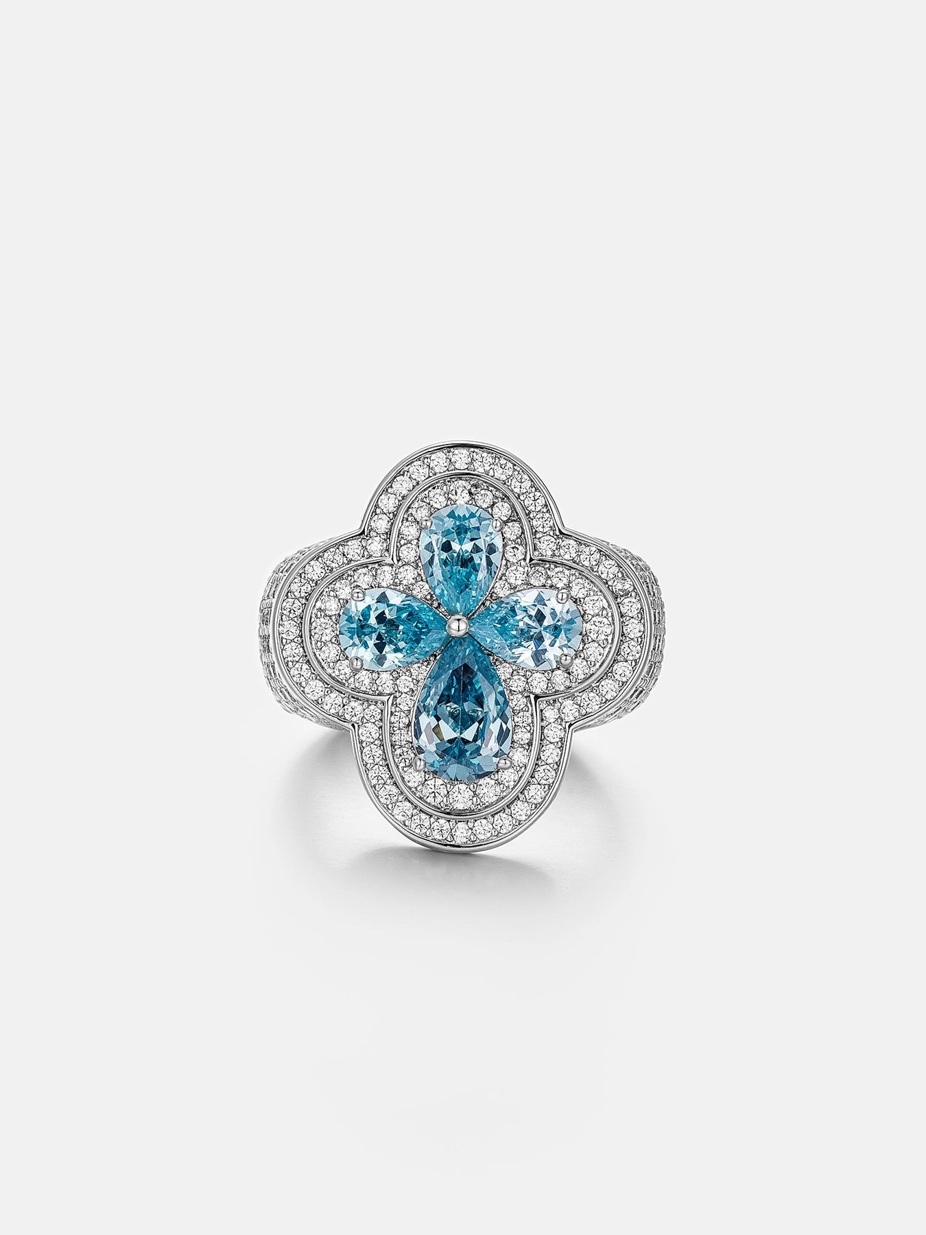 MW Gorgeous VVS Moissanite 925 Sterling Silver Blue Four Leaf Clover Ring Hip Hop MW_R1026