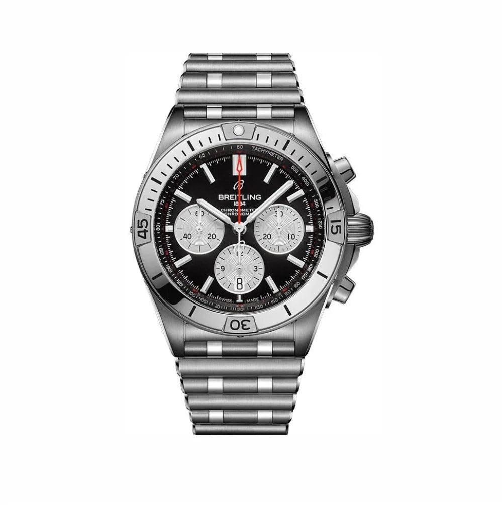 "Breitling Chronomat Dual Time Black Dial Men’s Watch – Swiss Luxury Automatic GMT Timepiece with Stainless Steel Case"