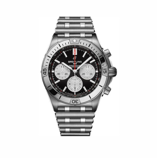 "Breitling Chronomat Dual Time Black Dial Men’s Watch – Swiss Luxury Automatic GMT Timepiece with Stainless Steel Case"