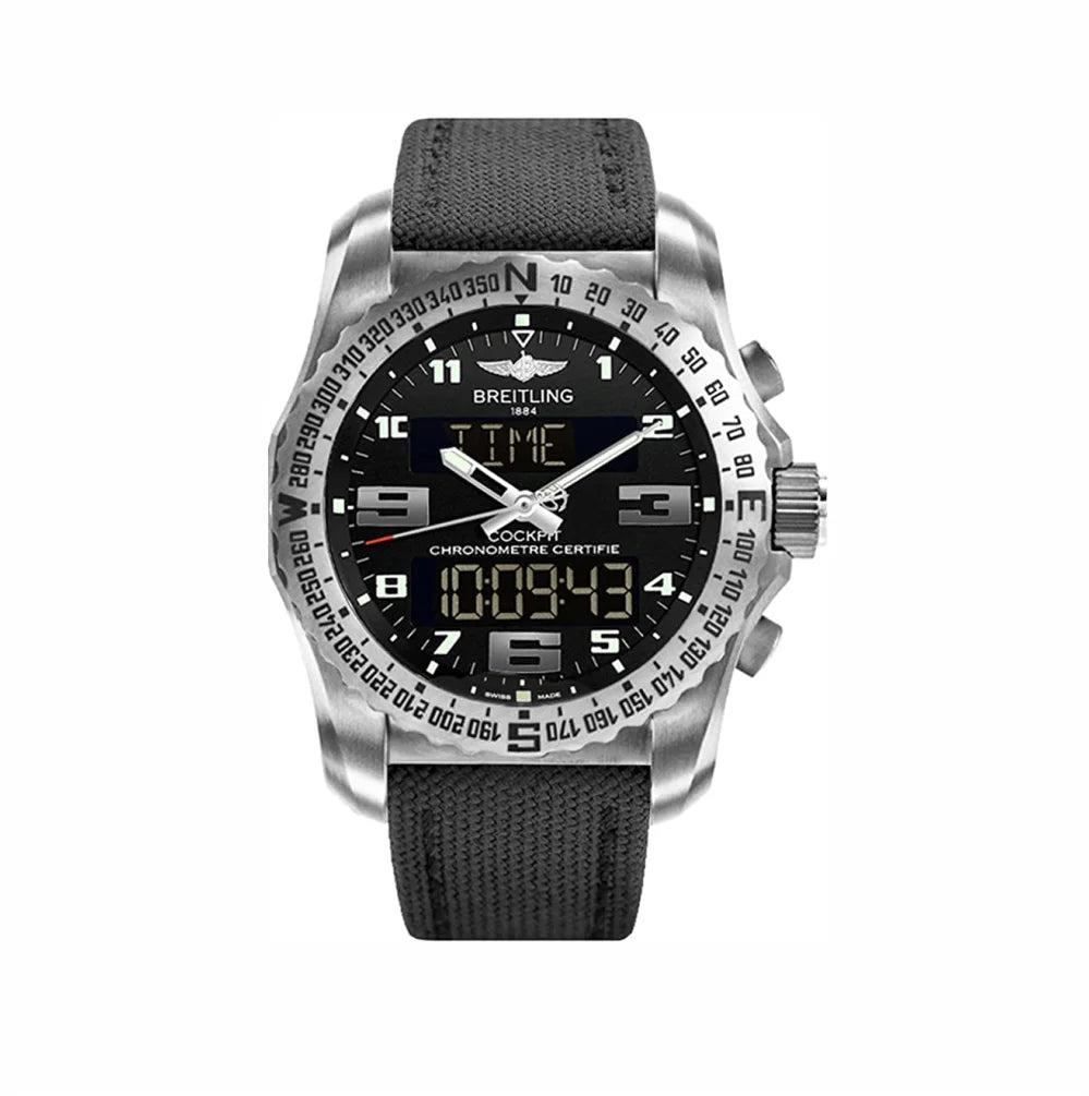 "Breitling Cockpit B50 Men’s Pilot Watch – Swiss SuperQuartz Multifunction Chronograph with Titanium Case and Leather Strap"