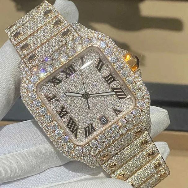 MW  Luxury Studded Watch  Square Roman Dial Hip Hop Bust Down VVS Moissanite Stainless Steel  Iced Out Sterling Silver Personalized Custom Watch MW_C1010