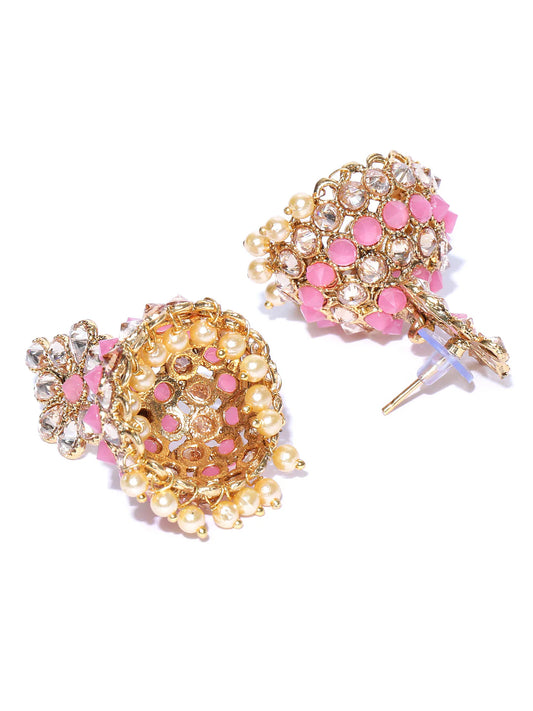 "Artificial Pink Gold-Plated Stones Studded Floral Patterned Jhumka Earrings for Women | Pink & White Traditional Ethnic Jewelry"