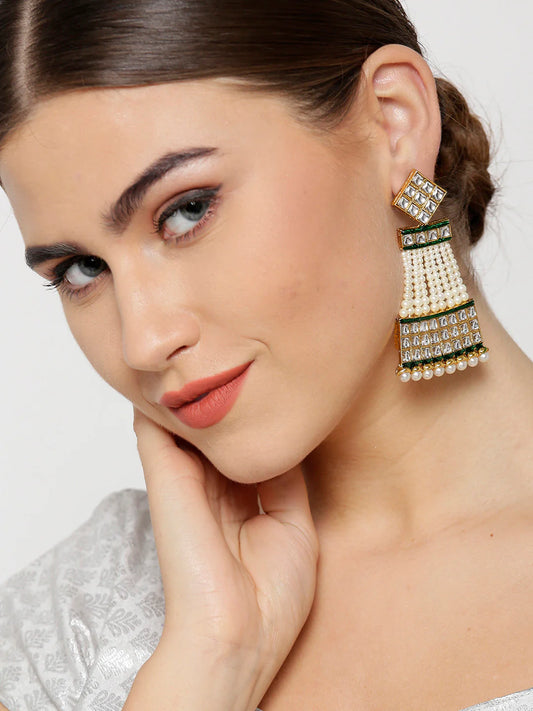 "Artificial Gold-Plated Kundan and Pearls Studded Drop Earrings for Women | Traditional Ethnic Jewelry"