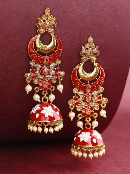 "Artificial Gold-Plated Meenakari Jhumka Earrings for Women | Maroon & White Stones Studded Traditional Jewelry"