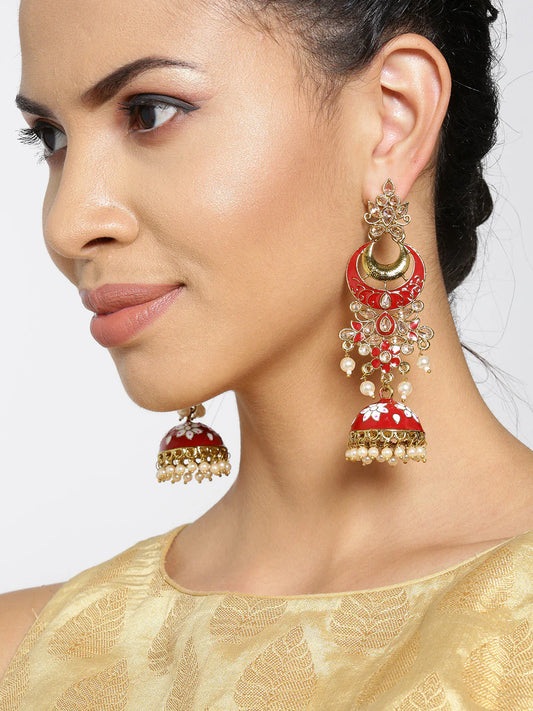 "Artificial Gold-Plated Meenakari Jhumka Earrings for Women | Maroon & White Stones Studded Traditional Jewelry"