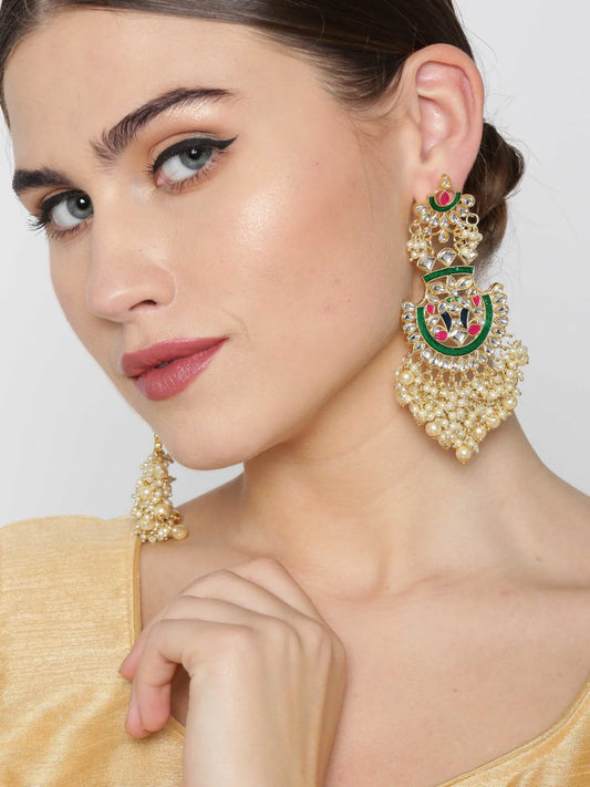 "Artificial Gold Plated Kundan Studded Off-White Beaded Multicolor Drop Earrings for Women – Traditional Ethnic Jewelry"