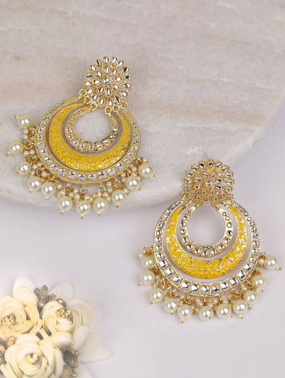 "Artificial Kundan Studded Yellow Colored Earrings for Women | Traditional Ethnic Jewelry"