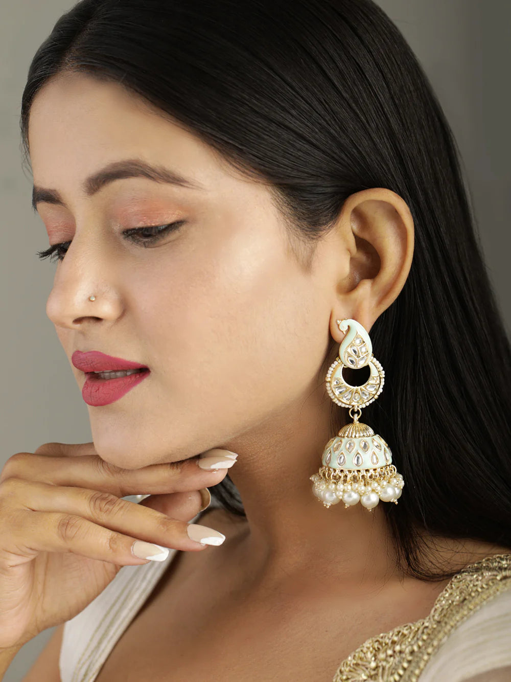 "Artificial Kundan Studded Beaded Jhumka Earrings for Women | Traditional Ethnic Jewelry"