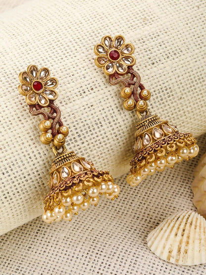 "Artificial Red Kundan Beads Gold Plated Floral Jhumka Earrings for Women | Traditional Ethnic Jewelry"