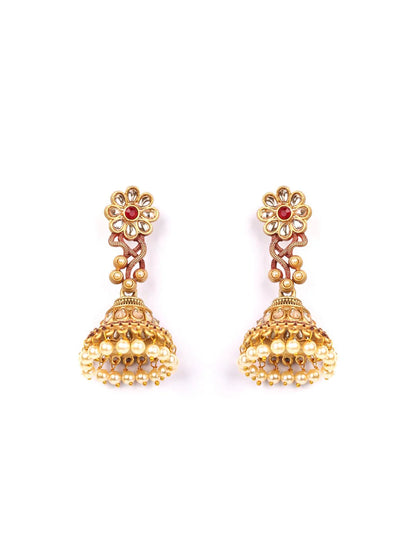 "Artificial Red Kundan Beads Gold Plated Floral Jhumka Earrings for Women | Traditional Ethnic Jewelry"