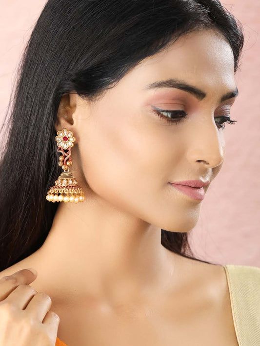"Artificial Red Kundan Beads Gold Plated Floral Jhumka Earrings for Women | Traditional Ethnic Jewelry"