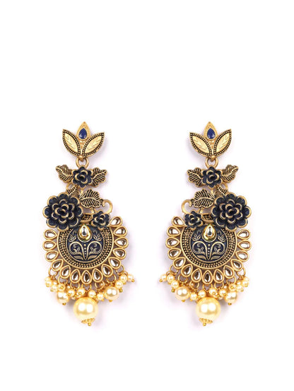 "Artificial Black Kundan Beads and Pearls Gold Plated Floral Drop Earrings for Women | Traditional Ethnic Jewelry"