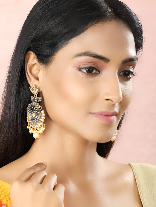 "Artificial Black Kundan Beads and Pearls Gold Plated Floral Drop Earrings for Women | Traditional Ethnic Jewelry"