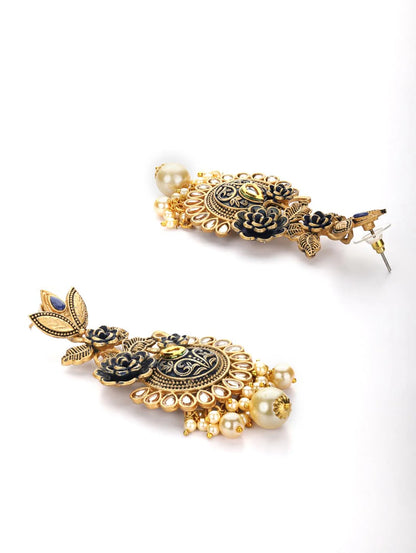 "Artificial Black Kundan Beads and Pearls Gold Plated Floral Drop Earrings for Women | Traditional Ethnic Jewelry"