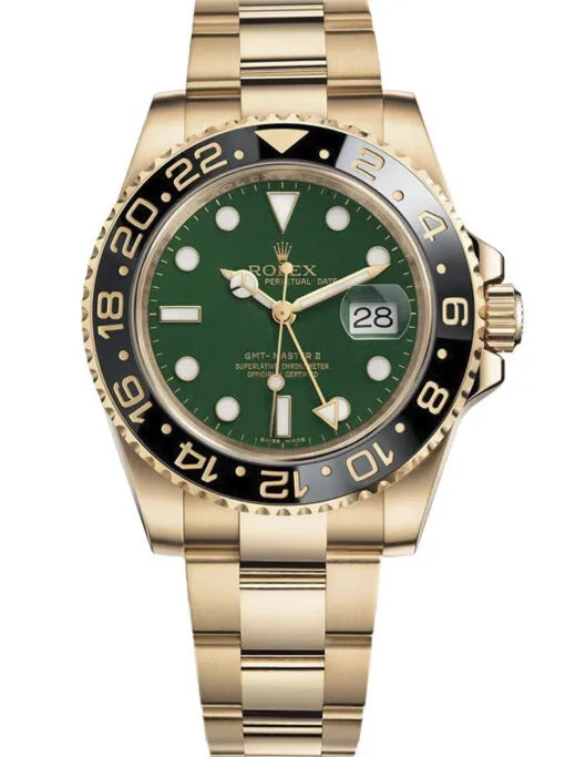 "Ro GMT-Master II 40mm Green Dial 116718 GSO Yellow Gold Luxury Watch – Swiss ETA Automatic 1:1 Super Clone Replica"