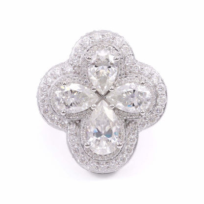 "Moissanite Four Leaf Clover Ring – VVS D-Color Iced Out 925 Sterling Silver Lucky Statement Jewelry"