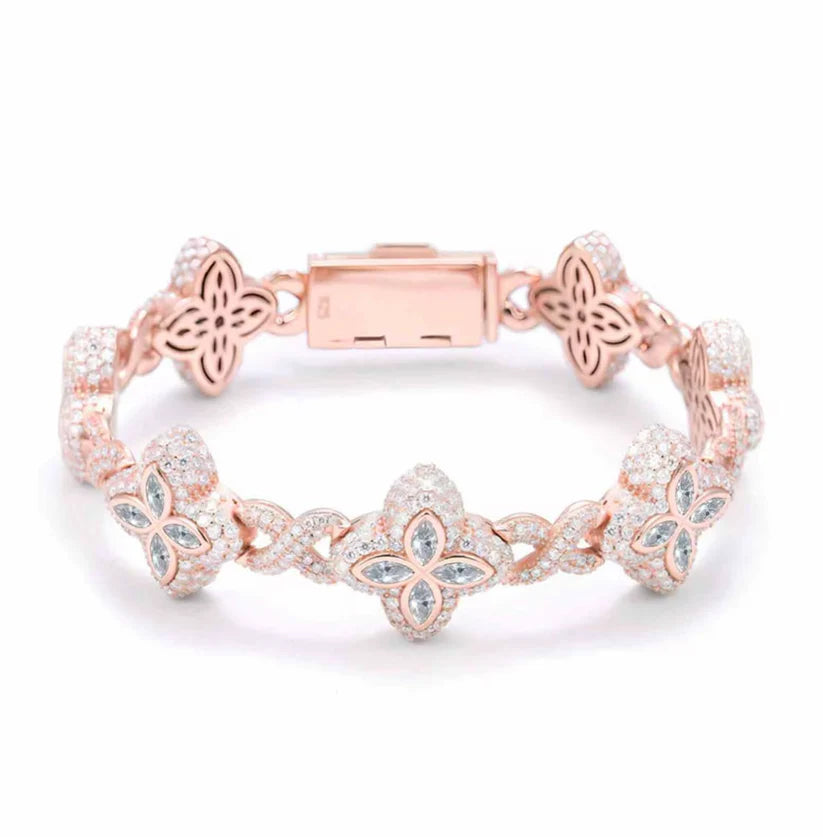 5 MM Moissanite Clover Cluster Bracelet – VVS Diamond-Look Elegant Charm Jewelry in 925 Silver, Yellow, Rose & White Gold Finishes