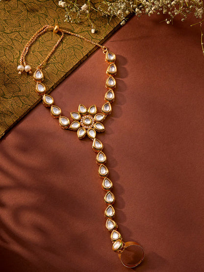 "Artificial Priyaasi Floral Design Kundan Gold Plated Adjustable Hathphool for Women | Traditional Ethnic Hand Jewelry"