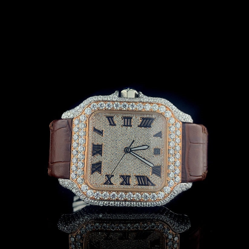 MW Fully  Luxury iced out watch Silicone Band  Square Roman Dial  Stylish Automatic Moissanite  Watch Hip Hop  Movement Studded  Bust Down   Iced Out  MW_C1040