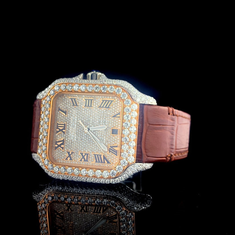 MW Fully  Luxury iced out watch Silicone Band  Square Roman Dial  Stylish Automatic Moissanite  Watch Hip Hop  Movement Studded  Bust Down   Iced Out  MW_C1040