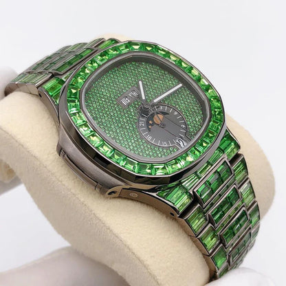 Green Baguette Moissanite Diamond Men's Automatic Watch - White Gold Plated Timepiece, Perfect Birthday Gift