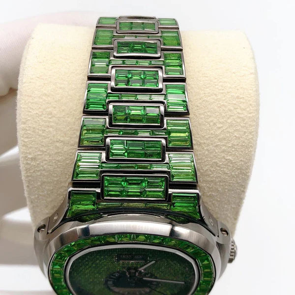 Green Baguette Moissanite Diamond Men's Automatic Watch - White Gold Plated Timepiece, Perfect Birthday Gift