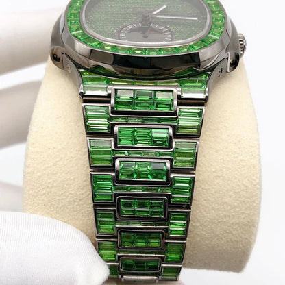 Green Baguette Moissanite Diamond Men's Automatic Watch - White Gold Plated Timepiece, Perfect Birthday Gift