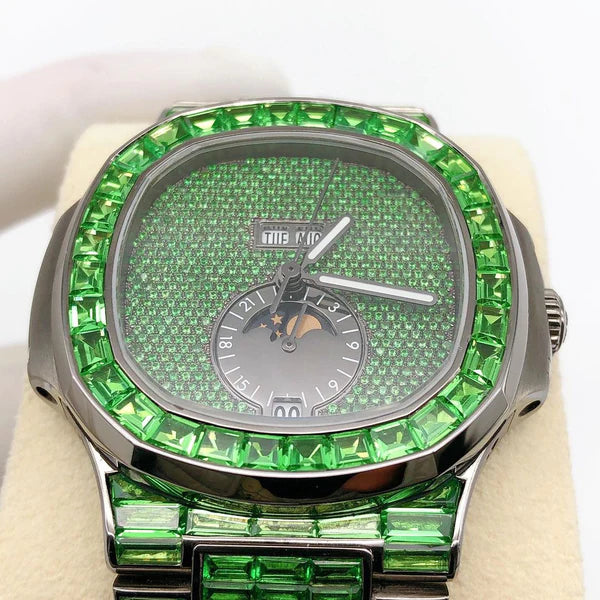 Green Baguette Moissanite Diamond Men's Automatic Watch - White Gold Plated Timepiece, Perfect Birthday Gift