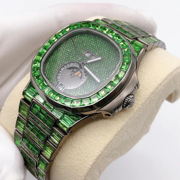 Green Baguette Moissanite Diamond Men's Automatic Watch - White Gold Plated Timepiece, Perfect Birthday Gift