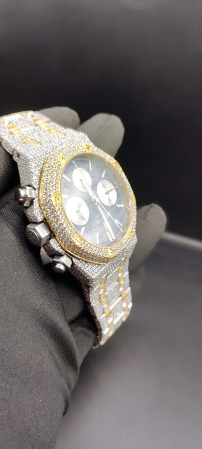 Iced Out Moissanite Diamond Watch with Chronograph - VVS Moissanite Men's Wrist Watch, Perfect Wedding Gift