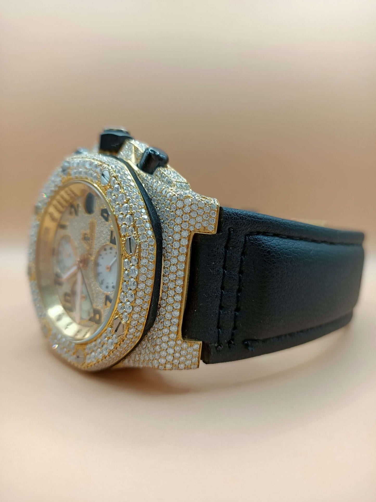 Iced Out Yellow & White Gold Plated Moissanite Diamond Men's Watch with Silicone Band - Chronograph Function