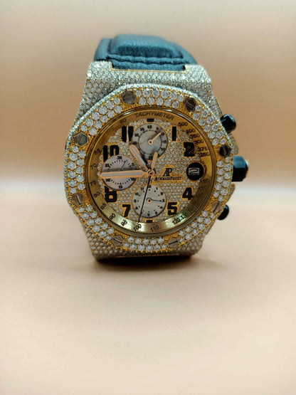 Iced Out Yellow & White Gold Plated Moissanite Diamond Men's Watch with Silicone Band - Chronograph Function