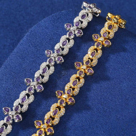 10mm Moissanite Purple Four-Leaf Clover Infinity Bracelet – VVS Diamond-Look Lucky Charm Jewelry in 925 Silver, Yellow, Rose & White Gold Finishes