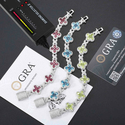 14mm Moissanite Infinity Colored Four-Leaf Clover Bracelet – VVS Diamond-Look Charm Jewelry in 925 Silver, Yellow, Rose & White Gold Finishes