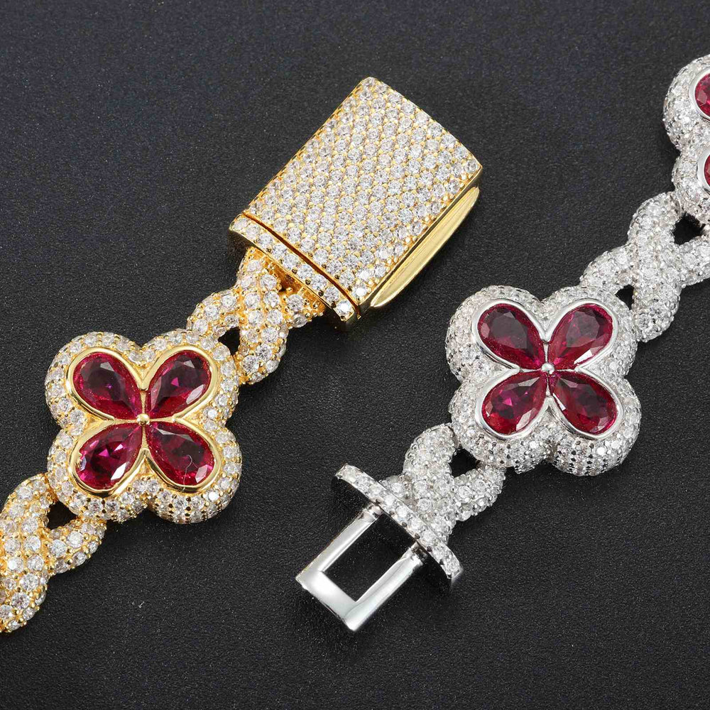 14mm Moissanite Infinity Colored Four-Leaf Clover Bracelet – VVS Diamond-Look Charm Jewelry in 925 Silver, Yellow, Rose & White Gold Finishes