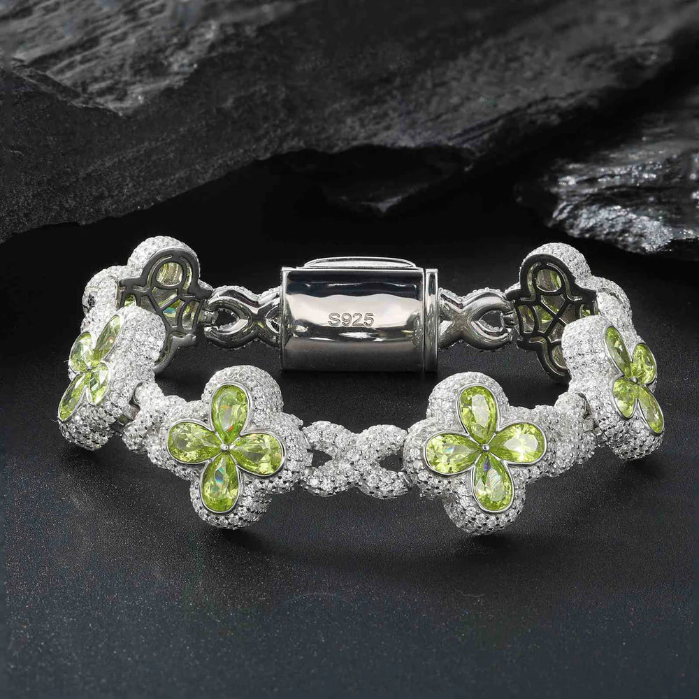 14mm Moissanite Infinity Colored Four-Leaf Clover Bracelet – VVS Diamond-Look Charm Jewelry in 925 Silver, Yellow, Rose & White Gold Finishes