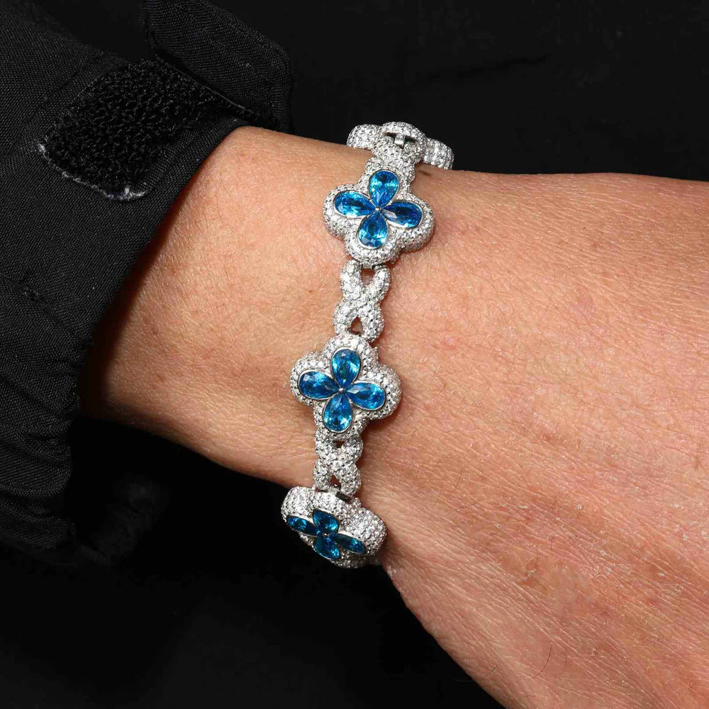 14mm Moissanite Infinity Colored Four-Leaf Clover Bracelet – VVS Diamond-Look Charm Jewelry in 925 Silver, Yellow, Rose & White Gold Finishes