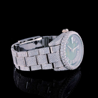 VVS Diamond Men’s Watch, 41mm Green Dial, White Gold Plated Stainless Steel, Fully Iced Out – Luxury Birthday Gift for Him