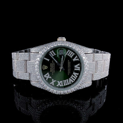 VVS Diamond Men’s Watch, 41mm Green Dial, White Gold Plated Stainless Steel, Fully Iced Out – Luxury Birthday Gift for Him