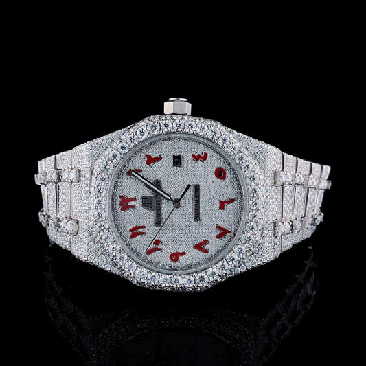 Full Iced Out Moissanite Diamond Men’s Watch, White Gold Stainless Steel, Arabic Font, Hip Hop Round Dial Watch