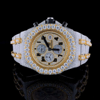 Full Iced Out Moissanite Diamond Men’s Watch, 42mm Stainless Steel Chronograph, 2-Tone Gold Plated