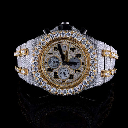 Full Iced Out Moissanite Diamond Men’s Watch, 42mm Stainless Steel Chronograph, 2-Tone Gold Plated