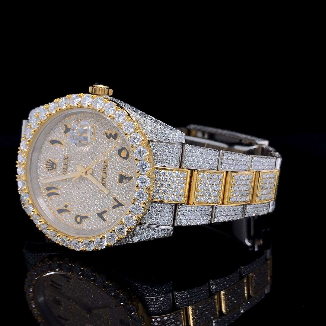 VVS Diamond Men’s Watch, 41mm Dial, White & Yellow Gold Plated, Iced Out Arabic Dial Stainless Steel– Luxury Gift for Him