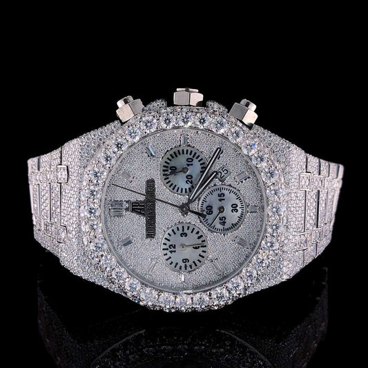 Full Iced Out VVS Moissanite Diamond Men’s Watch, 42mm White Gold Plated Stainless Steel Chronograph